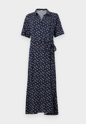 Μίντι φόρεμα navy blue με κοντά μανίκια, μικρό λευκό floral μοτίβο και γιακά, δεμένο στη μέση με ζώνη από το ίδιο ύφασμα.