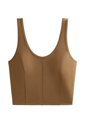 Rjav usnjeni top z izrezom v obliki čolna, narejen iz gladkega, raztegljivega materiala. Ima šivane detajle in široke naramnice za podporo.