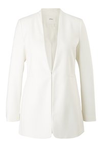 Blazer blanc sur mesure sans revers, fermeture éclair avant unique, deux poches latérales, manches longues, et texture lisse. Conception simple et élégante.