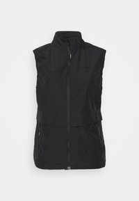 Schwarze ärmellose Weste mit hohem Kragen, Frontreißverschluss und zwei Taschen an den Seiten. Hergestellt aus glattem, leichtem Stoff mit minimalen Nähdetails.