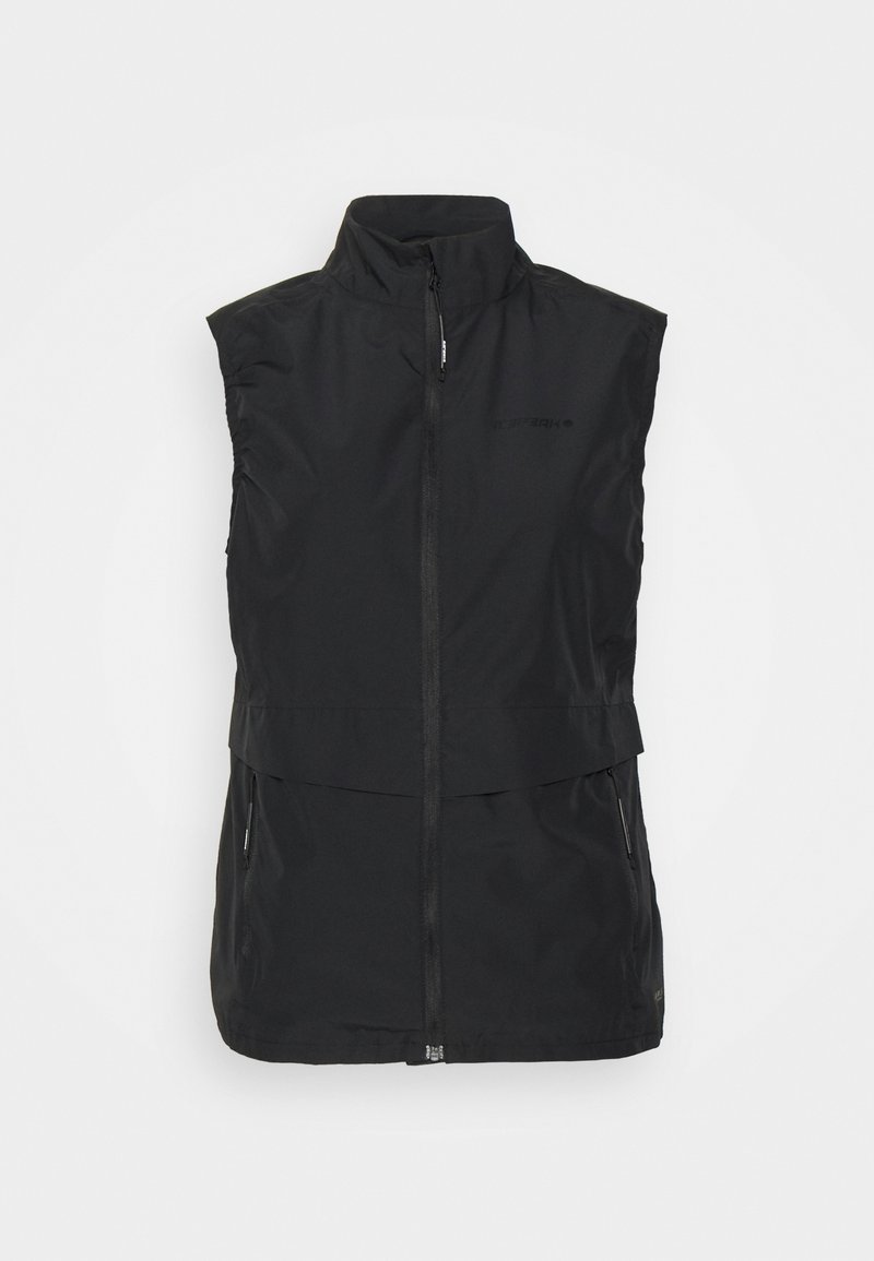 Schwarze ärmellose Weste mit hohem Kragen, Frontreißverschluss und zwei Taschen an den Seiten. Hergestellt aus glattem, leichtem Stoff mit minimalen Nähdetails.