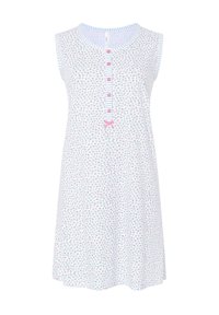 Camisa de noche floral con base blanca y flores rosas y azules dispersas, un escote redondo a rayas y una abertura en el frente con un lazo rosa.