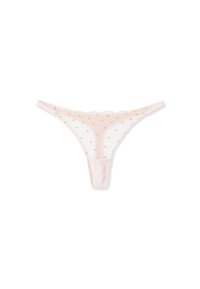 Durchsichtiger pinkfarbener Tanga mit kleinen goldenen Punkten, ausgestattet mit einer satinartigen Vorderseite, dünnen Trägern und gewellten Kanten. Leicht und halbtransparent im Design.