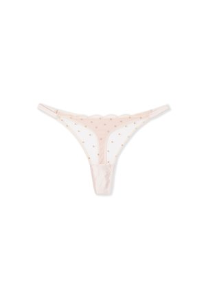 String rosa trasparente con piccoli punti dorati, con un frontale in satin, spalline sottili e bordi ondulati. Design leggero e semitrasparente.