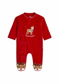 Roter Plüsch-Babyanzug mit einem gestickten Rentier, Druckknopfverschlüssen und Rentier-Gesichtsapplikationen an den Füßen. Der Text lautet "mein erstes Weihnachten."