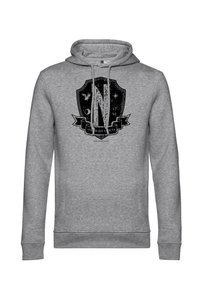 Felpa grigia con cappuccio e grafica a scudo nero sulla parte anteriore, grande "N" in stile vintage, testo a bandiera e dettagli decorativi di stelle e luna.