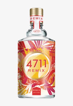 Kirkas lasipullo, jossa on kultainen korkki ja punaisella, oranssilla ja keltaisella abstrakti kukkakuvio, merkinnällä "4711 Remix Remix Edition".