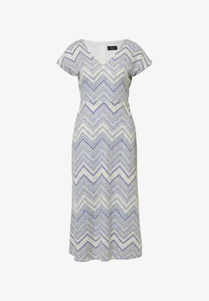 Sukienka maxi w wzór zębników, z rękawami typu cap, dekoltem w serek i zapięciem na zamek. Kolory to biel, fiolet i zieleń w teksturowanej tkaninie.