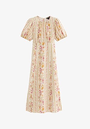 Robe midi crème avec manches bouffantes, encolure ronde, taille cintrée et rayures florales verticales dans des tons rose, orange et vert.