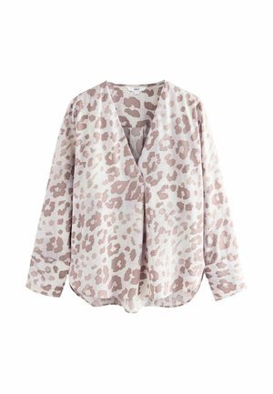 Blouse à manches longues avec motif léopard rose et beige doux, col en V et coupe ample.