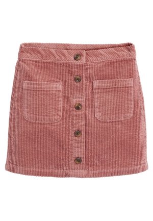 Rosa Cord-Minirock mit vorderer Knopfleiste und zwei aufgesetzten Taschen, geradem Saum und strukturierter vertikaler Rippung.