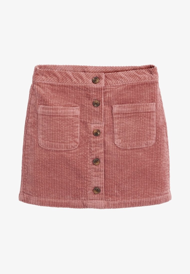 Mini-jupe en velours côtelé rose avec fermeture à boutons sur le devant, deux poches plaquées, ourlet droit et nervures verticales texturées.