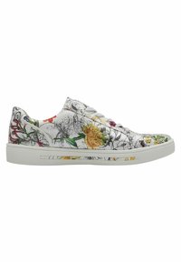 Weiße Sneakers mit einem floralen Muster in verschiedenen Farben, schwarzen Umrandungen und einer strukturierten Sohle. Runde Zehenpartie und flache Schnürsenkel.