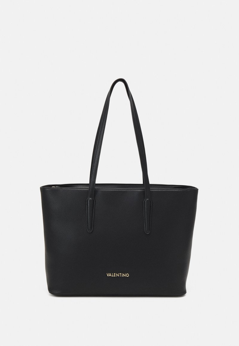 Melnas ādas rokassomas ar divām garām rokturiem, ar rāvējslēdzēja aizdari, gludu tekstūru un zeltītu "VALENTINO" logotipu priekšpusē.
