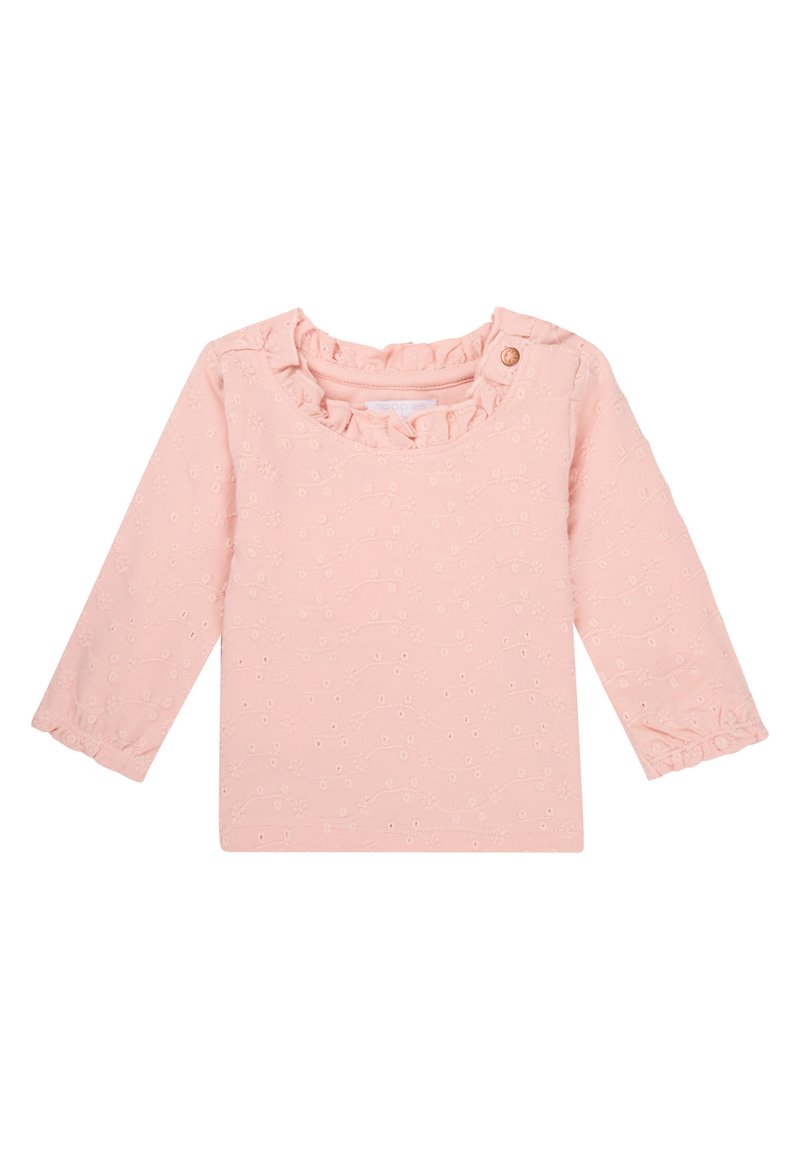Rosa Langarmoberteil mit rundem Halsausschnitt und Rüschensaum; verfügt über bestickte Blumenmuster und einen seitlichen Knopfverschluss.