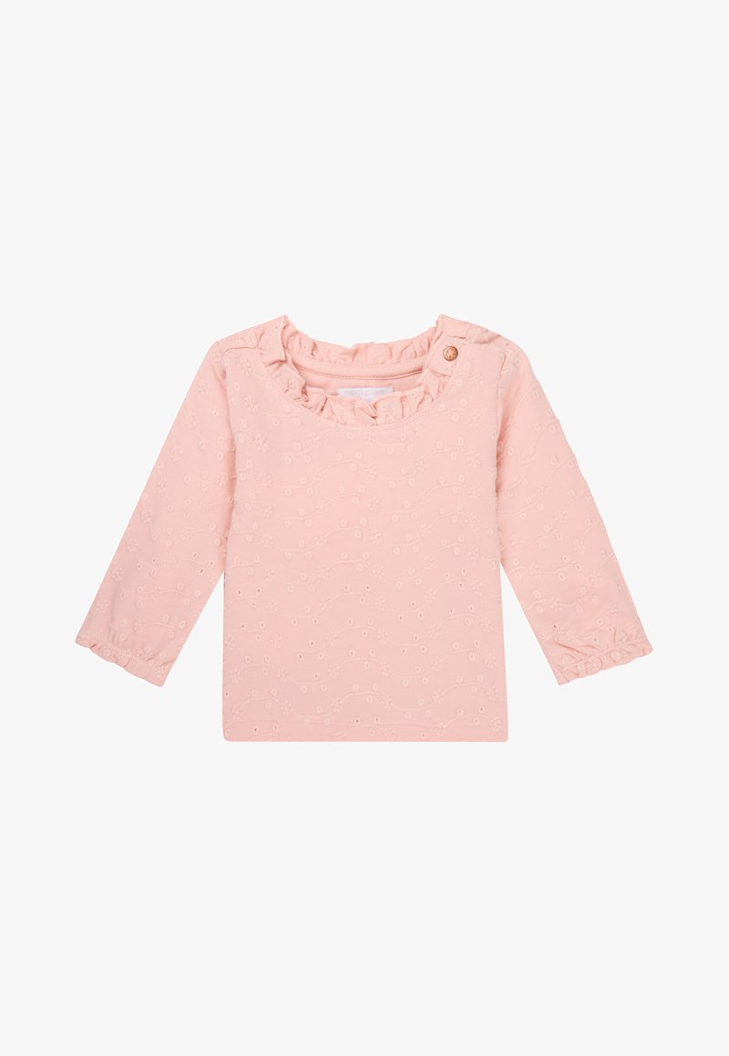 Rosa Langarmoberteil mit rundem Halsausschnitt und Rüschensaum; verfügt über bestickte Blumenmuster und einen seitlichen Knopfverschluss.