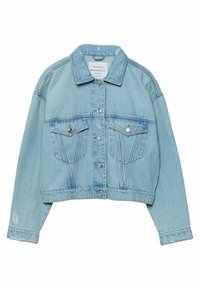 Giacca di jeans cropped azzurra chiara con bottoni frontali, due tasche a pattina sul petto, colletto e dettagli leggermente invecchiati sulle maniche.