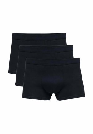Tre boxer neri identici da uomo disposti in fila sovrapposta su sfondo bianco.