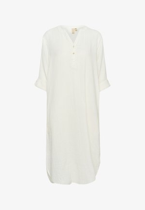Biała tunika w formie sukienki z dekoltem w kształcie litery V, z podwiniętymi rękawami i luźnym krojem. Wykonana z lekkiej, teksturowanej tkaniny.