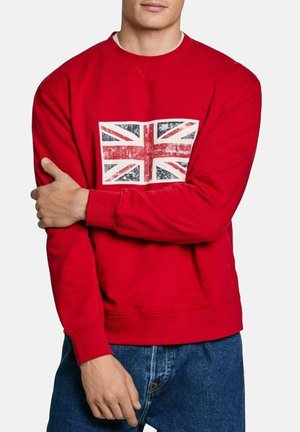 Rode sweatshirt met een gewoven Union Jack graphic in het midden. Heeft rib gebreide manchetten en zoom, gemaakt van een zachte, comfortabele stof.