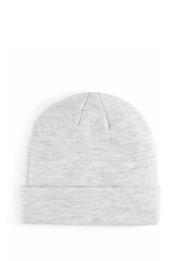 Bonnet en tricot gris doté d'un tissu doux et texturé, d'une couronne arrondie et d'un revers replié en bas.