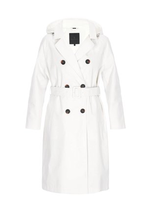 Hvid trenchcoat med hætte, dobbeltradet design, sorte knapper, bælte i taljen og lange ærmer. Fremstillet af glat, holdbart stof.