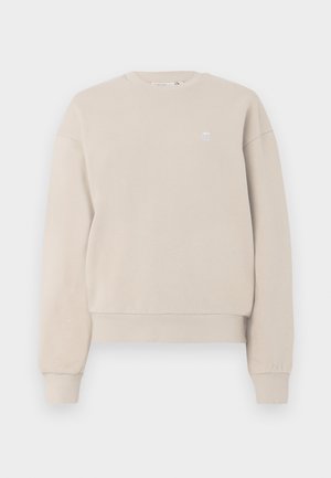 Sweatshirt bege com gola redonda, feito de uma mistura de algodão, apresentando um acabamento ribado na gola e nas mangas, com um pequeno logotipo no peito.