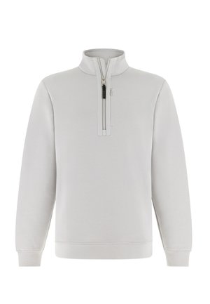 Vaaleanharmaa neljännesvetoketjullinen collegepaita, joka on valmistettu pehmeästä puuvillasekoitteesta. Siinä on korkea kaulus, pitkät hihat ja yksinkertaiset ompelukoristeet.