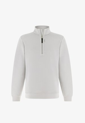 Vaaleanharmaa neljännesvetoketjullinen collegepaita, joka on valmistettu pehmeästä puuvillasekoitteesta. Siinä on korkea kaulus, pitkät hihat ja yksinkertaiset ompelukoristeet.