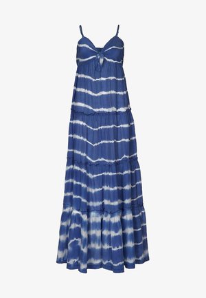 Blaues Batik-Maxi-Kleid mit verstellbaren Spaghettiträgern, gestuftem Rüschendesign und weichem Stoff mit weißen gewellten Streifen.