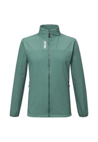Veste verte zippée avec col haut, fabriquée en matériau lisse et léger. Présente des poches latérales et un logo sur le haut à gauche.