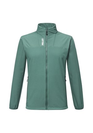 Grüne, zip-up Jacke mit hohem Kragen, aus glattem, leichtem Material gefertigt. Verfügt über seitliche Taschen und ein Logo auf der oberen linken Seite.