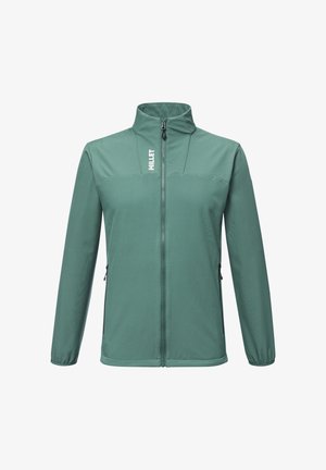 Grüne, zip-up Jacke mit hohem Kragen, aus glattem, leichtem Material gefertigt. Verfügt über seitliche Taschen und ein Logo auf der oberen linken Seite.