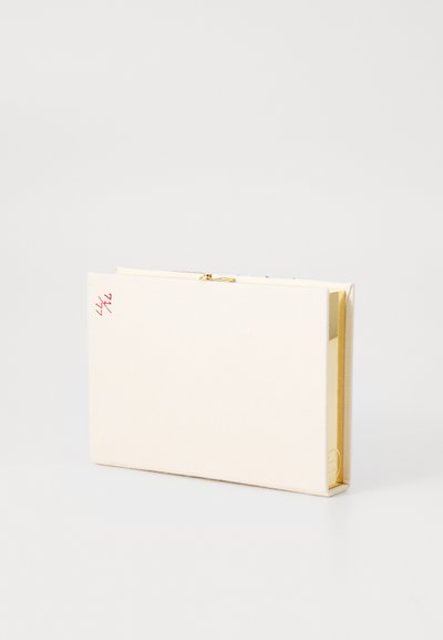 Rectangular ivory clutch with gold edges, a gold clasp on top, and small red numbers printed near the upper left corner.