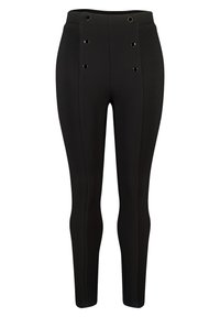 Zwarte hoog-waisted slim-fit broek met zes zwart-gouden knopen in twee verticale rijen aan de voorkant.