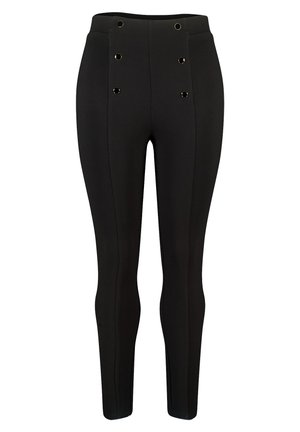 Pantalon slim taille haute noir avec six boutons noirs et dorés disposés en deux rangées verticales à l'avant.