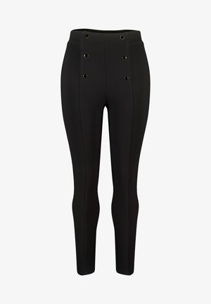 Pantalon slim taille haute noir avec six boutons noirs et dorés disposés en deux rangées verticales à l'avant.