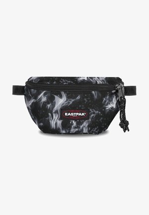 Marsupio nero con motivo marmorizzato grigio. Realizzato in tessuto resistente, con chiusura a zip e logo Eastpak marchiato in rosso.