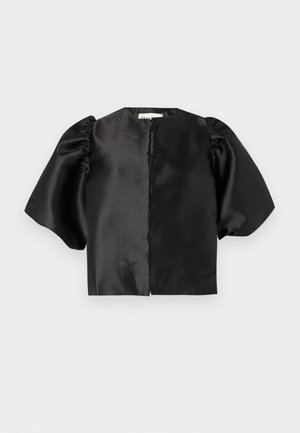 Top corto in satin nero con maniche a palloncino e apertura frontale. Texture liscia con finitura lucida, design minimalista.