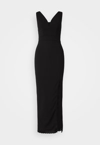 Black sleeveless dress with a V-neckline, fitted bodice, and a side slit featuring lace trim along the hem. Smooth fabric, form-fitting design.