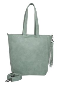 Miętowa torebka z materiału skóro-podobnego z podwójnymi uchwytami, odpinanym paskiem na ramię i detalem w postaci frędzli po boku. Gładka tekstura, prostokątny kształt.