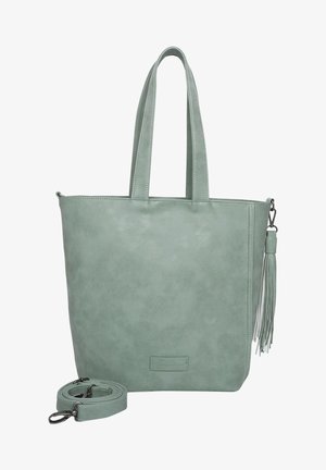 Tyrkysová faux kůže tote taška s dvojitými uchy, odnímatelným ramenním popruhem a bočním detailem s třásněmi. Hladký povrch, obdélníkový tvar.