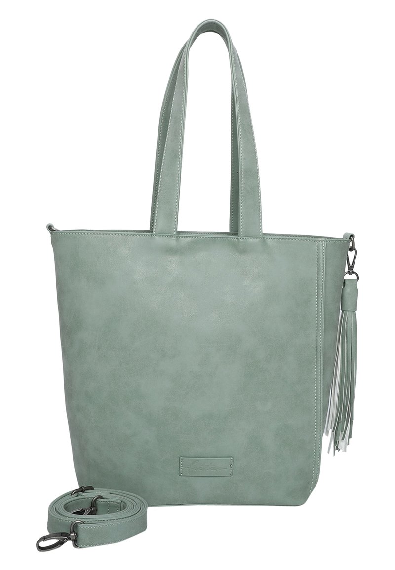 Miętowa torebka z materiału skóro-podobnego z podwójnymi uchwytami, odpinanym paskiem na ramię i detalem w postaci frędzli po boku. Gładka tekstura, prostokątny kształt.