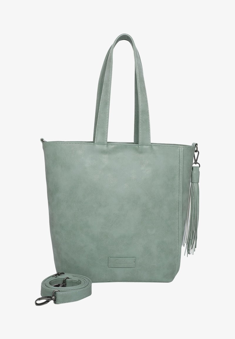 Miętowa torebka z materiału skóro-podobnego z podwójnymi uchwytami, odpinanym paskiem na ramię i detalem w postaci frędzli po boku. Gładka tekstura, prostokątny kształt.