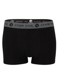 Boxer shorts neri in cotone con una cintura elastica grigia che presenta il logo "STARK SOUL". Texture liscia e design aderente.