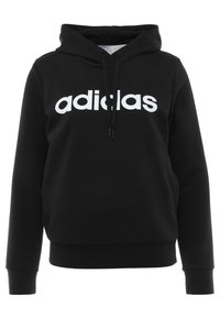 Sudadera negra de mezcla de algodón, con un bolsillo canguro y capucha con cordón. Logo blanco prominente de "adidas" en el pecho.