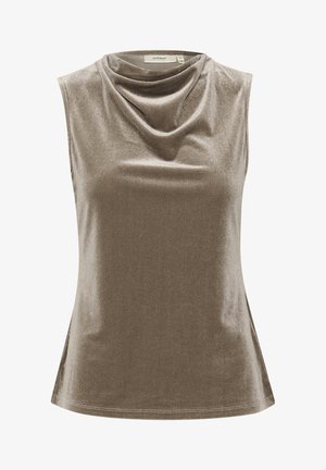 Top brez rokavov v mehkem, srednje rjavem materialu z okrasnim drapiranim ovratnikom in gladko, rahlo sijočo teksturo. Stranski razporki na robu.