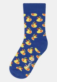 Modré ponožky s vzorem gumového kachňátka v žluté a červené barvě. Vyrobeny z měkkého materiálu, mají žebrované manžety a logo na boku.