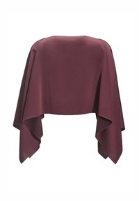 Maroon shawl with a draped design, made of smooth fabric. Features flowing edges and a loose silhouette for easy layering.