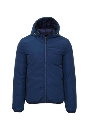 Giacca imbottita blu navy con cappuccio, dotata di chiusura con zip e polsini elasticizzati. Texture liscia con fodera interna trapuntata.